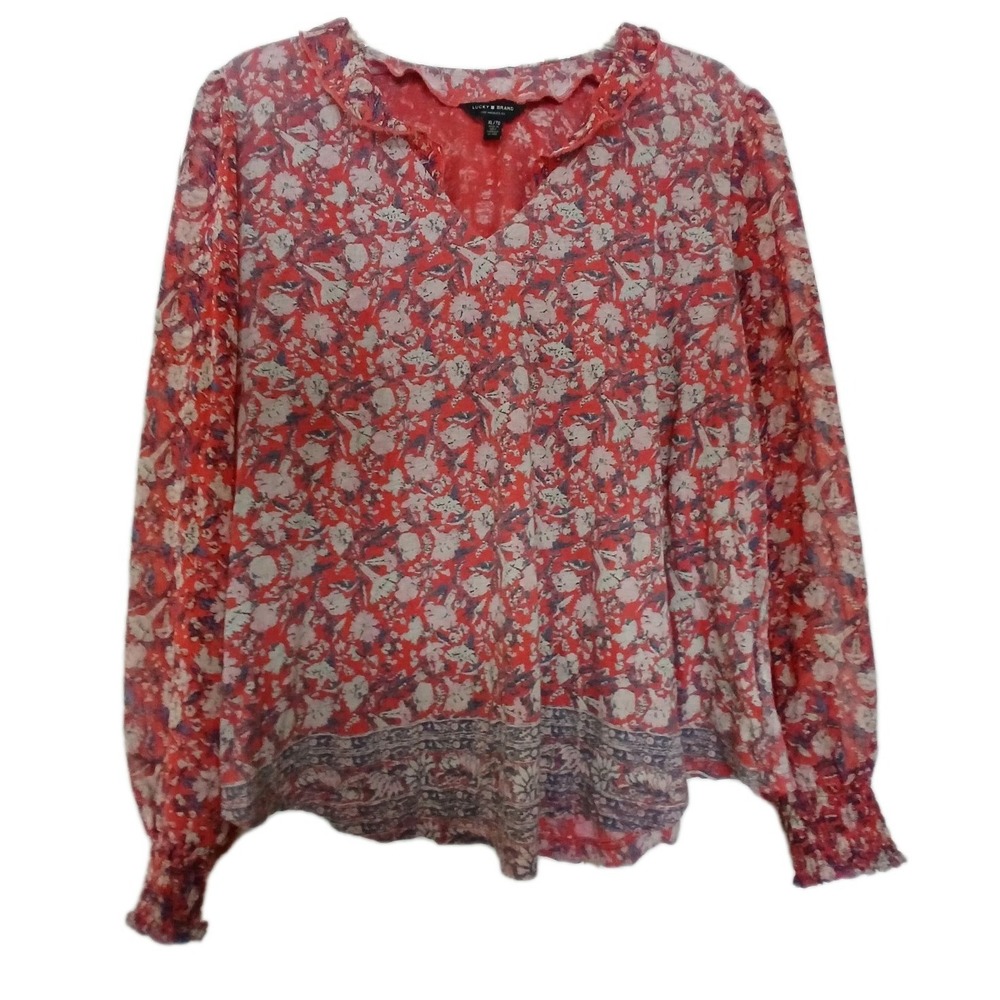 Lucky Brand Shirt Womens XL Mixed Media Boho Tunic Long Sleeve